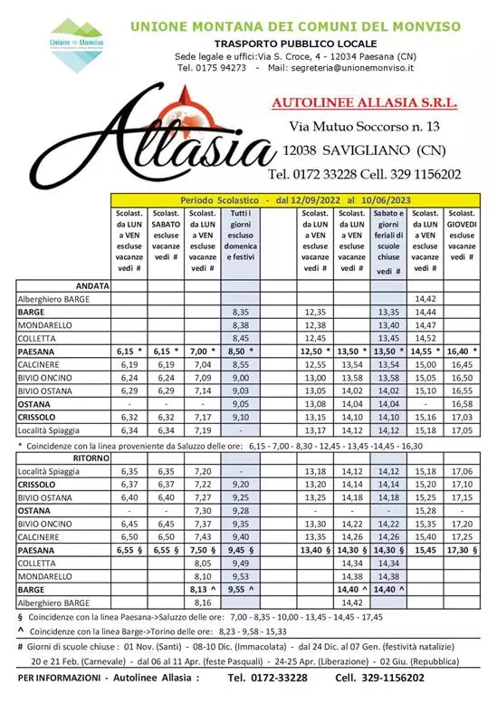 orario linea Barge - Paesana - Crissolo